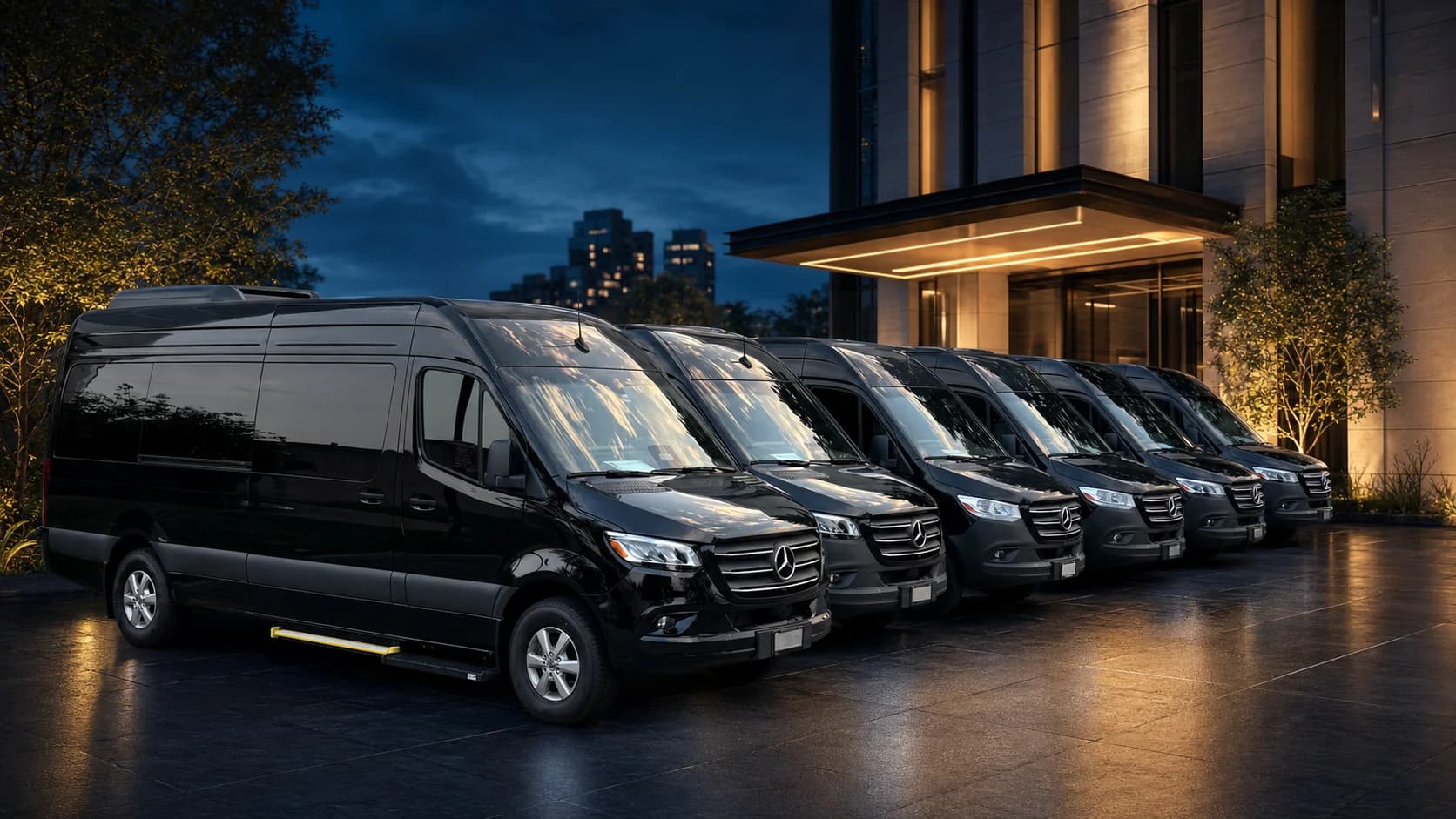 Black Mercedes-Benz Sprinter vehicles arranged outside an illuminated building entrance