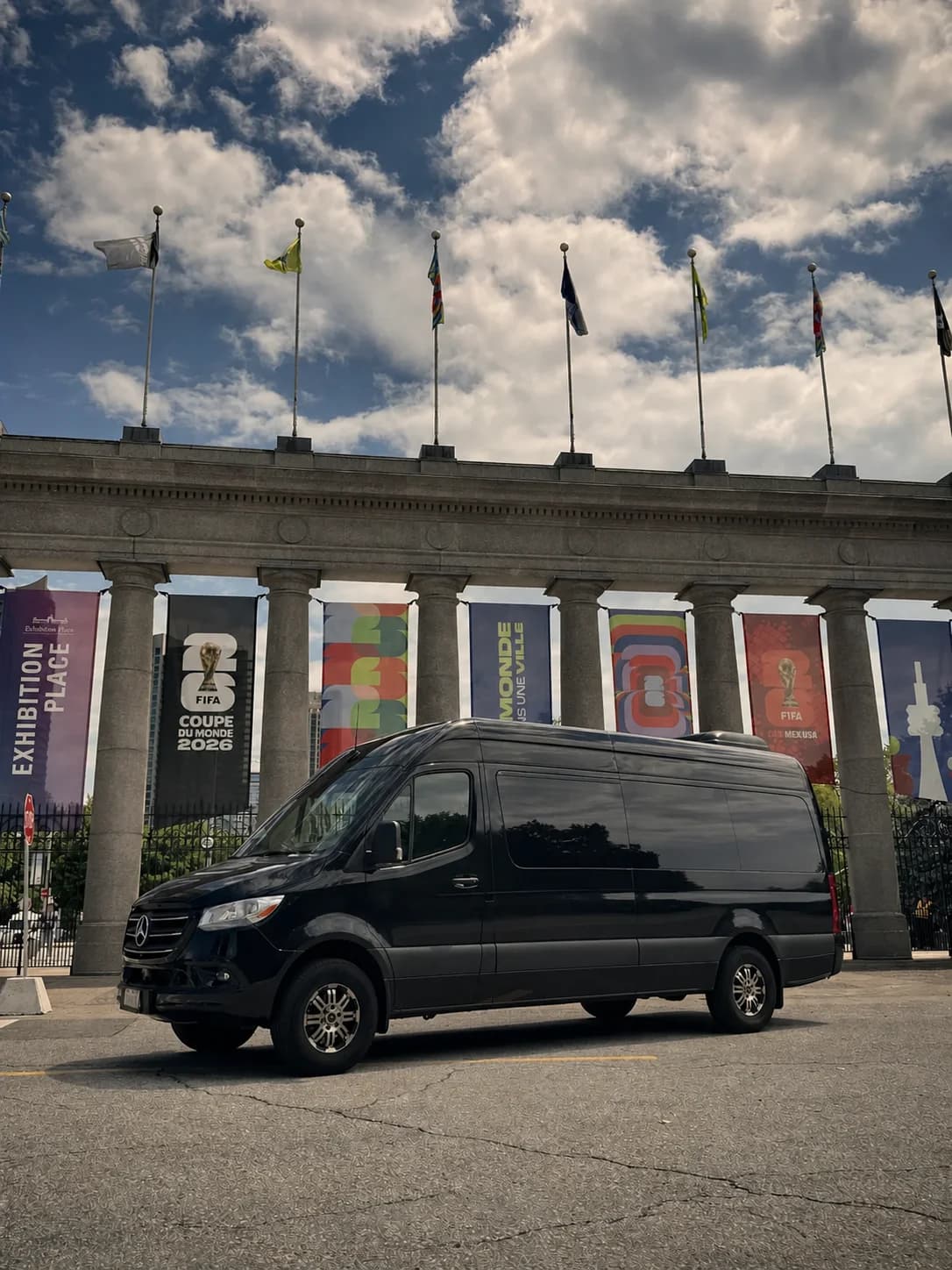 14-passenger Sprinter parked outside Exhibition Place in Toronto